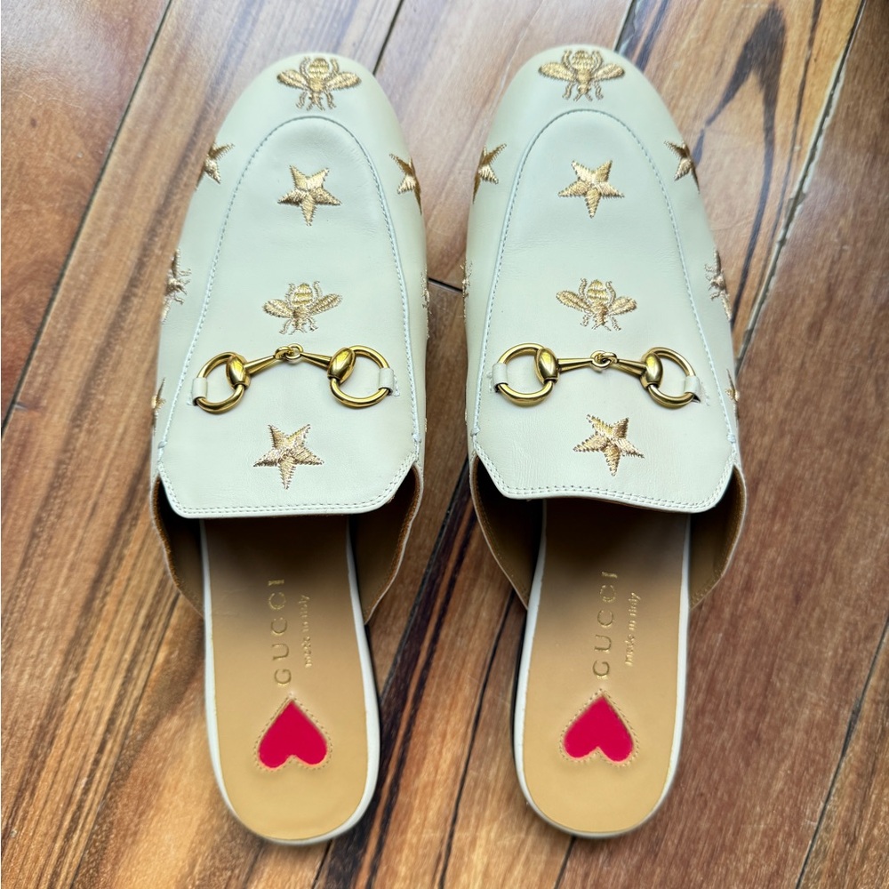 Gucci Cream Mules with Gold Embroidery